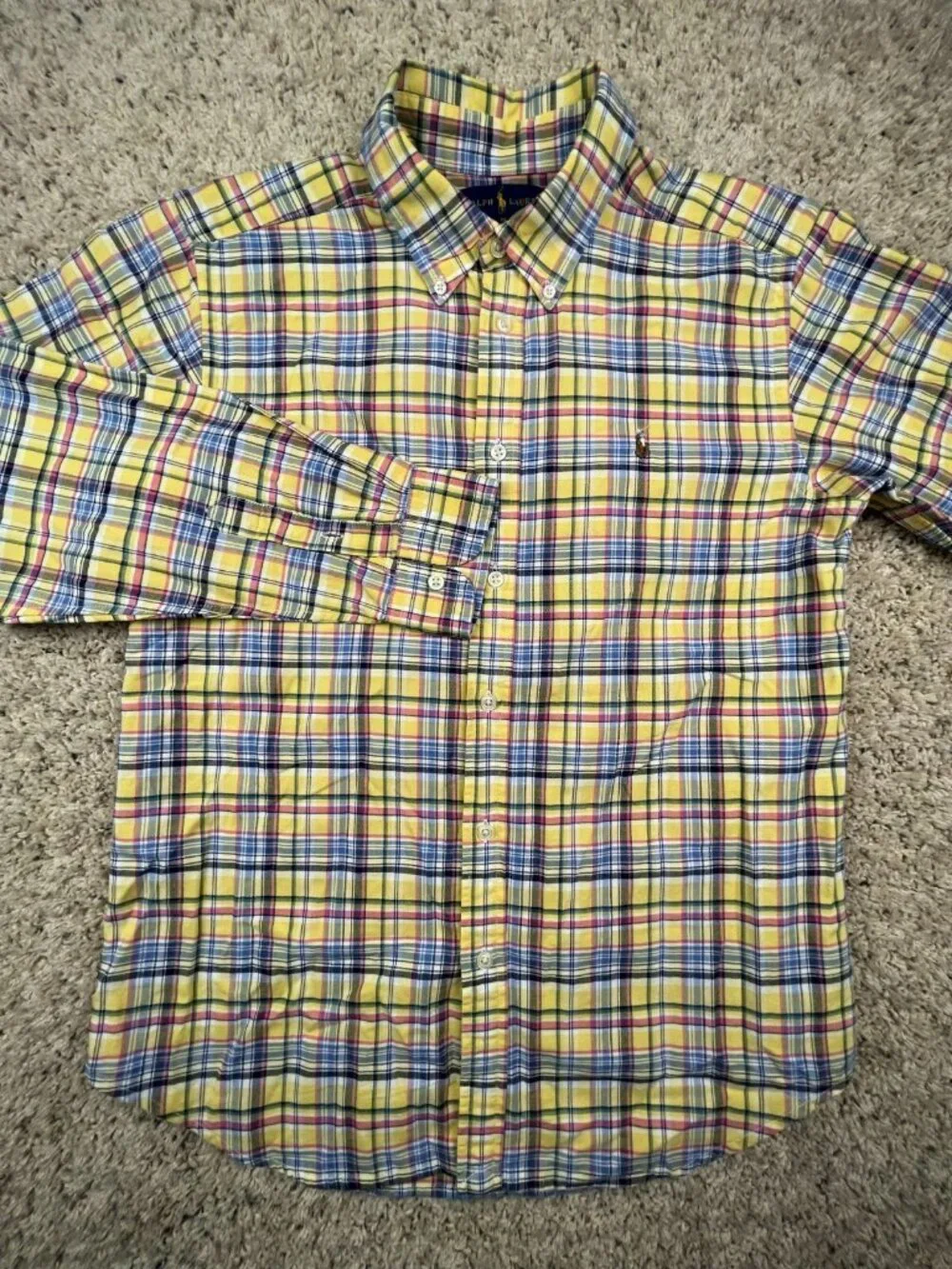 Ralph Lauren Long Sleeve Button Up Shirt Boys Youth XL 18 Yellow Plaid Colorful
